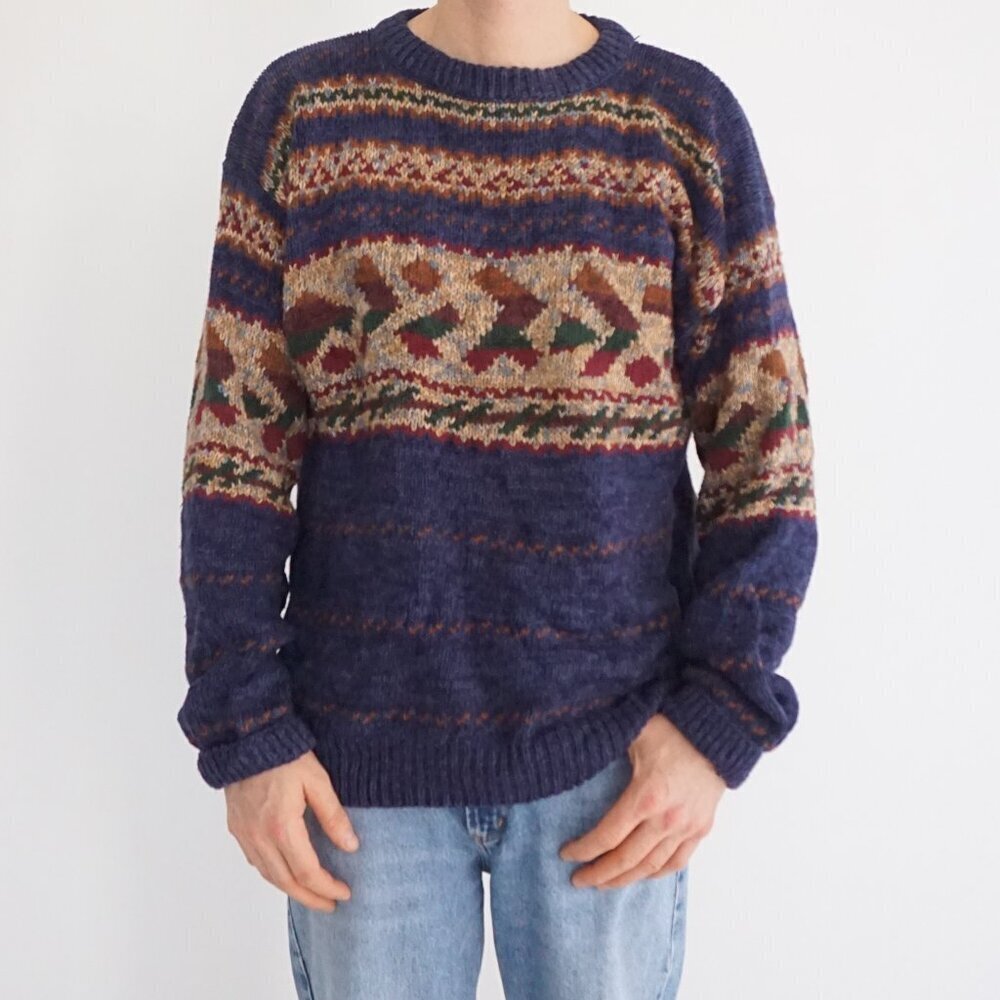 VTG St Johns Bay Navy Southwestern Geometric Heritage Textured Knit Crewneck XL